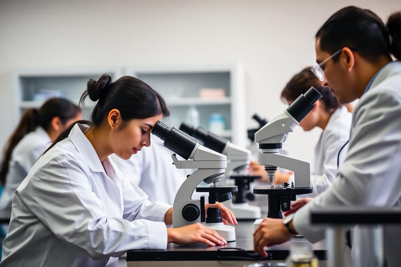 Alunos em aula prática de leitura de lâminas
